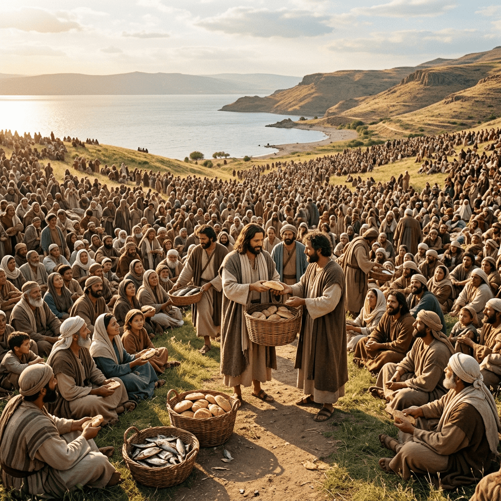 Jesus handing out bread to people seated on a hillside by a lake